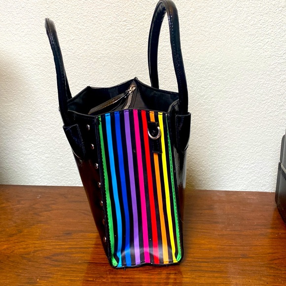 Super Cute Black Boxy Handbag Rainbow Colors on Both Sides Non Leather M… - Picture 5 of 9
